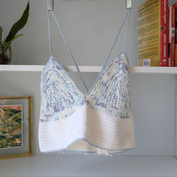 Handmade Tops - Handmade Crocheted Bralette Tank Top Cropped Blue White Speckle Sz Medium
